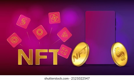 Concepto de ganar dólares estadounidenses con un token no fungible de NFT utilizando el teléfono móvil. Tokens voladores y teléfono con espacio para copiar. Plantilla colorida para cabecera o pancarta.