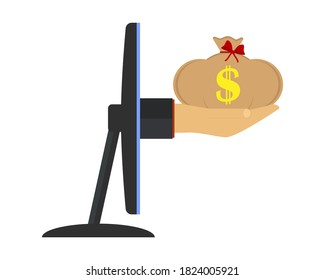 The concept of earnings and income from the Internet. A hand holds out a bag of money from a computer monitor screen. Side view. Vector illustration.