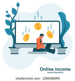 Concept of earnings on internet, online income. Vector illustration flat design. Isolated on background. Make money online. Happy man working for a laptop. Falling coins as a symbol of income.