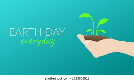 The concept of Earth Day, Environment Day, global warming, nature conservation, climate change. Vector banner, illustration of a hand holding a sprout with the earth on a blue background. Copyspace.