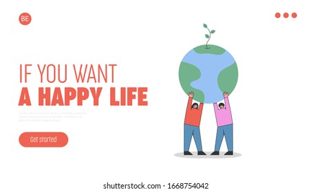 Concept Of Earth Day, Environment protection. Website Landing Page. Man And Woman Hold Globe With Plant Above. Cartoon Linear Outline Flat Vector Illustration