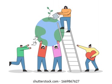 Konzept des Earth Day-Umweltschutzes. Cartoon männliche und weibliche Charaktere sind feierlich. Männer und Frauen zeigen Liebe zur Natur. Illustration der linearen Vektorillustration in Linien
