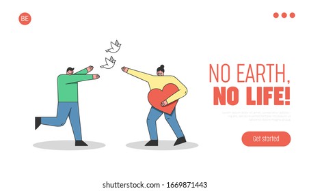 Concepto Del Día De La Tierra, Protección Del Medio Ambiente. Página de inicio del sitio web. La Gente Está Celebrando. Hombre Y Mujer Liberan A La Paloma. Estilo plano de contorno lineal de dibujo. Ilustración vectorial