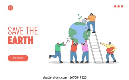 Concept Of Earth Day Environment protection. Male And Female Characters Are Celebrating. People Show Care And Love To Planet. Cartoon Linear Outline Flat Vector Illustration
