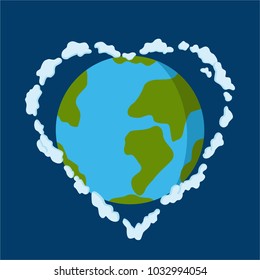 concept of Earth Day. Planet with clouds in the form of a heart