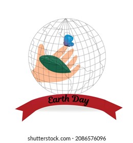 concepto del Día de la Tierra. Planeta Tierra en el estilo de arte lineal dentro de una mano con vegetación y una mariposa. Ilustración vectorial en un estilo plano con una cinta de saludo