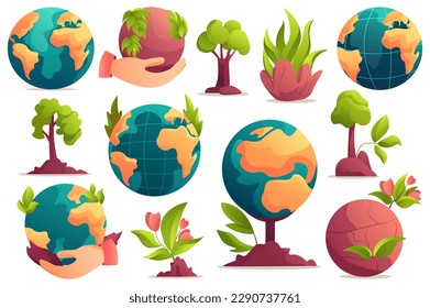Concept Earth day. This flat cartoon design depicts a set of stylized earth and globe icons with different continents and oceans on a simple white background. Vector illustration.