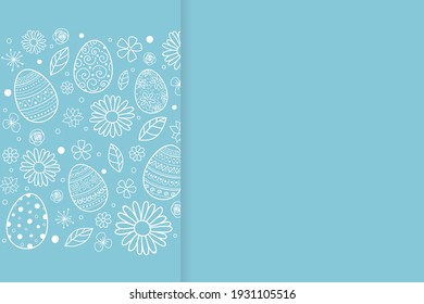 Concept of Easter background with hand drawn eggs and flowers. Vector