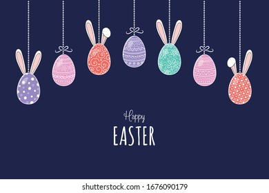 Concept of an Easter banner with cute hand drawn eggs with funny bunny ears and wishes. Vector