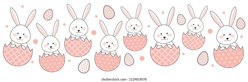 Concepto de una pancarta de Pascua con graciosos conejitos y huevos. Vector