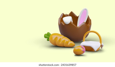 Concept of Easter food and games. Egg hunt. Find Easter Bunny. Horizontal poster in realistic style