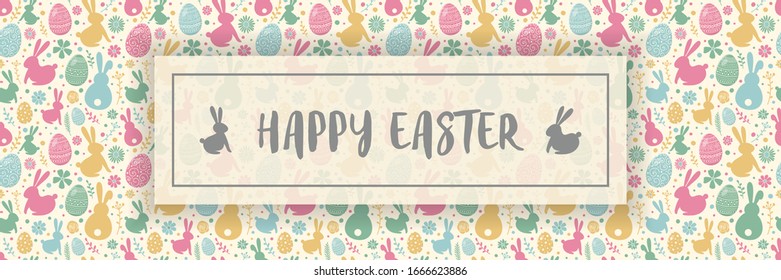 Concepto de tarjeta de felicitación de Pascua con coloridos conejitos, huevos y flores. Cartel. Vector