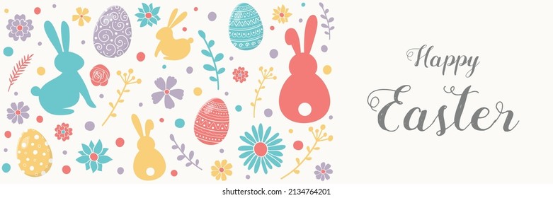 Concept of Easter greeting card with colourful bunnies, eggs and flowers. Banner. Vector