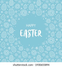 Concept of Easter greeting card with eggs and flowers. Vector