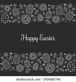 Concept of Easter greeting card with eggs and flowers. Vector