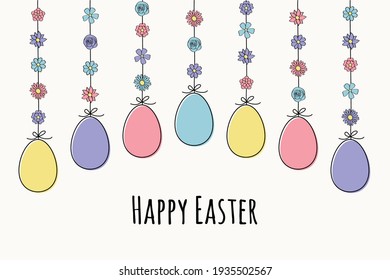 Concept of Easter greeting card with hanging eggs. Vector
