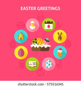 Concept Easter Greetings. Vector Illustration of Spring Holiday Infographics Circle with Flat Icons.