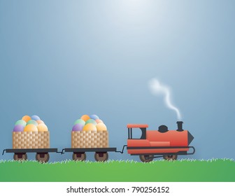 Concept Easter holiday with Eggs in a wooden basket on an ancient train ,Vector and illustration.