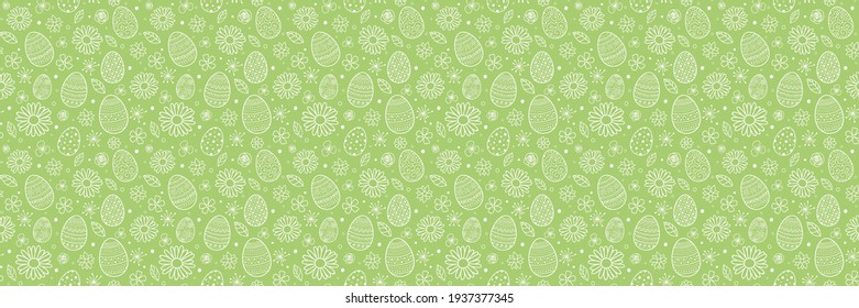Concept of Easter pattern with hand drawn eggs and flowers. Banner. Vector