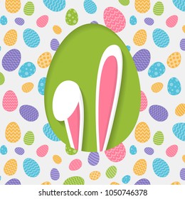 Concept of Easter poster with bunny and decorative eggs. Vector.