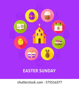 Concept Easter Sunday. Vector Illustration of Spring Holiday Infographics Circle with Flat Icons.