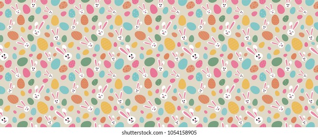 Concept of Easter wallpaper with bunnies and eggs - seamless background. Vector.
