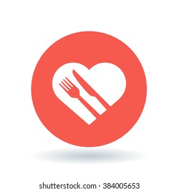 Concept Eat Healthy Icon. Conceptual Healthy Diet Sign. Heart, Knife And Fork Symbol. White Healthy Heart Icon On Red Circle Background. Vector Illustration.