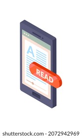 Concept of ebook. Mobile application for reading. Online library, electronic store, market. All information on one device, knowledge, training, education. Cartoon isometric vector illustration