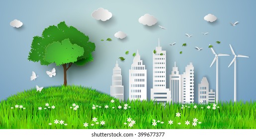 concept of eco with building and nature.paper art style.