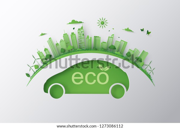 Concept of eco car and environment \
with green city on earth. paper art 3d  from digital craft\
.