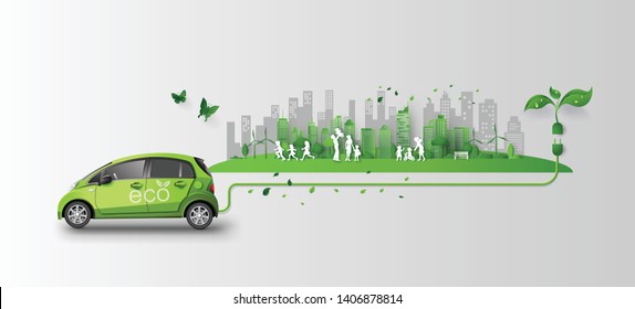 concept of eco car with family and nature in the city.paper art and craft style.