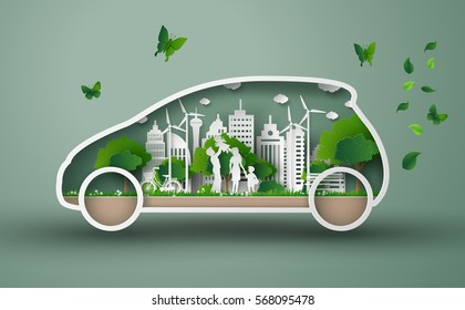 concept of eco car with family and nature in the city.paper art and  digital craft style.