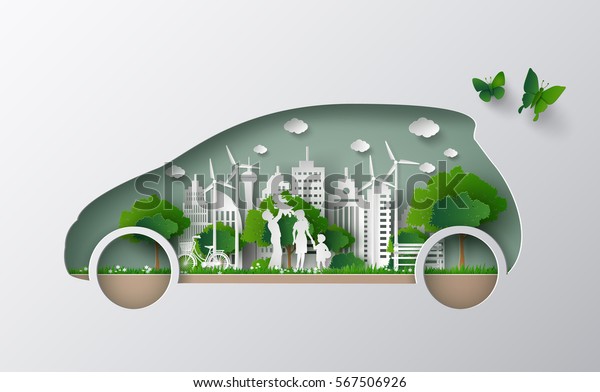 concept of eco car with family and\
nature in the city.paper art and  digital craft\
style.