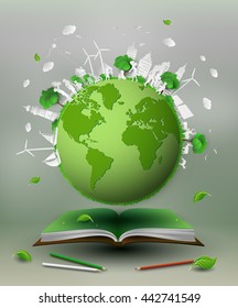 concept of eco and earth day, green world on the book.paper art style.