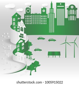 concept of eco , earth day and world environment day. Sheet paper art of city.
