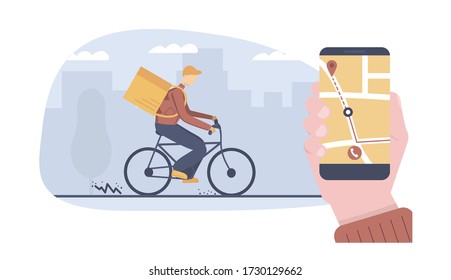 Concept of eco environment friendly delivery. A courier riding bicycle with parcel package. A hand holding a phone and tracking delivery. Flat cartoon illustration. 