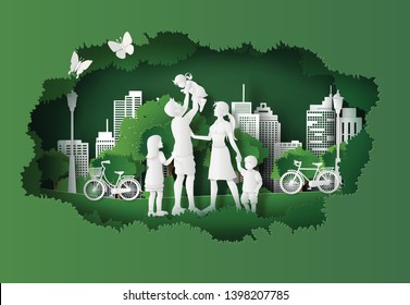 concept of eco and environment with happy family walking on the field  .paper art style