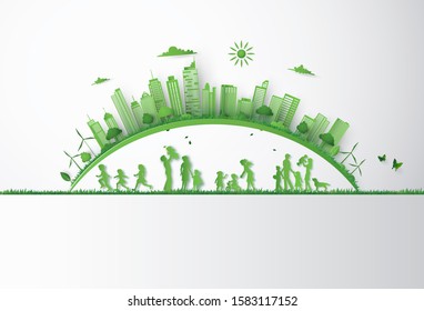 concept of eco with family.paper art style