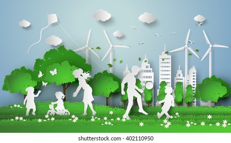 concept of eco with family.paper art style.