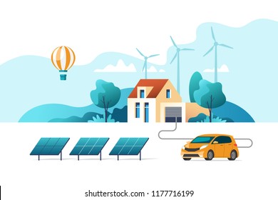 Concept of eco friendly alternative energy. House with solar panel and wind turbines. Vector illustration.