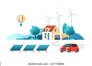 Concept of eco friendly alternative energy. House with solar panel and wind turbines. Vector illustration.