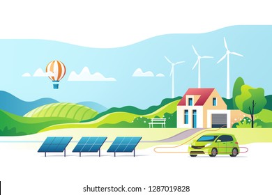 Concept of eco friendly alternative energy. House with solar panel and wind turbines. Vector illustration.