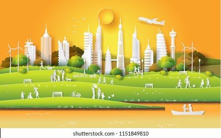concept of eco friendly and save the earth and world environment day with the people enjoy  in the city park sunset time,Paper art and digital craft style