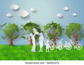 concept of eco friendly and save the earth with happy family.paper art style