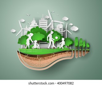 concept of eco friendly and save the earth with happy family.paper art style