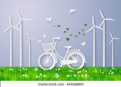 concept of eco friendly and save the earth with bicycle in the field.paper art style.