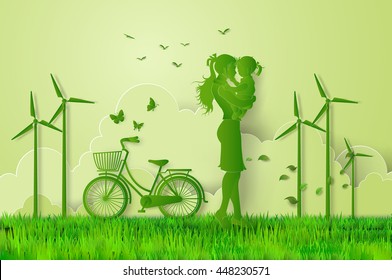 concept of eco friendly and save the earth with Mother and daughter  in the park.paper art style