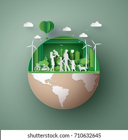  concept of eco friendly , save the earth and world environment day with family ,Paper art and  digital craft style.
