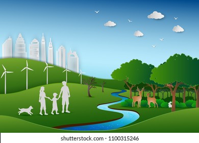 Concept of eco friendly and save the environment conservation,Family back to the green nature landscape in paper art style,vector illustration