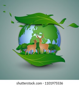 Concept of eco friendly save the environment conservation,Deer family standing on leaf shape abstract background,paper art and craft design